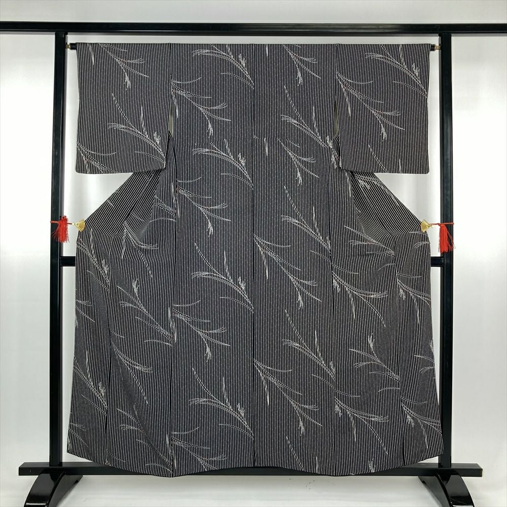 中古）単衣江戸小紋 緑 カジュアル 万筋 ひとえ SS【身丈】146.5cm【裄