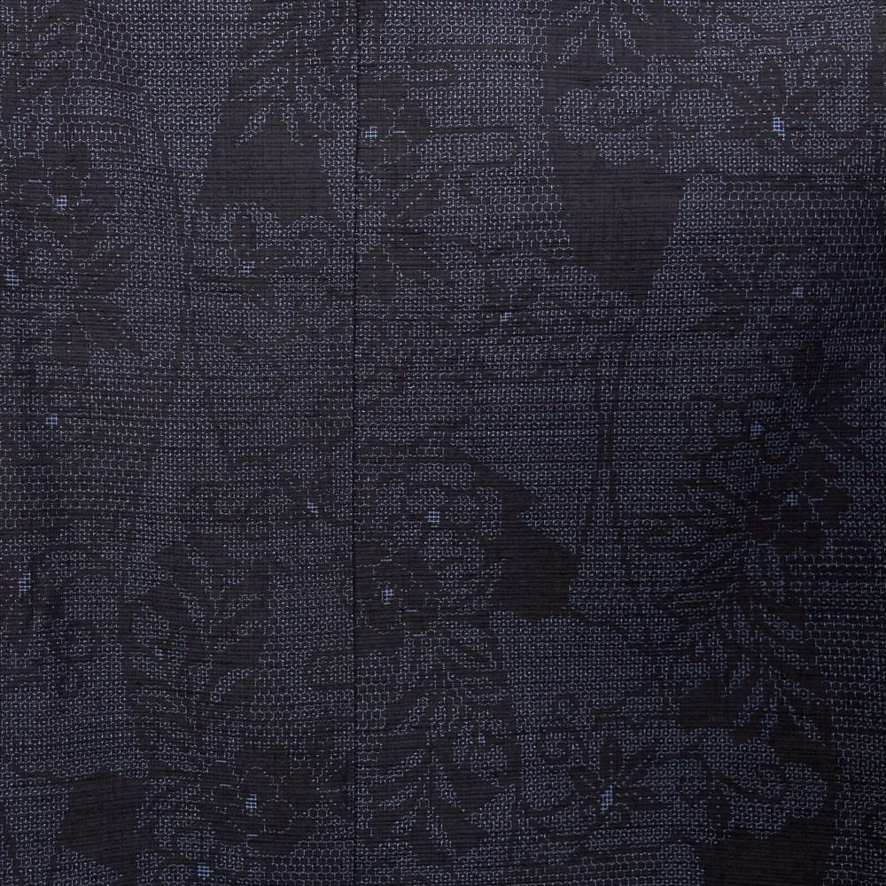 中古）紬 紺 カジュアル 亀甲 立涌 花 雲 袷 M【身丈】162.5cm【裄丈
