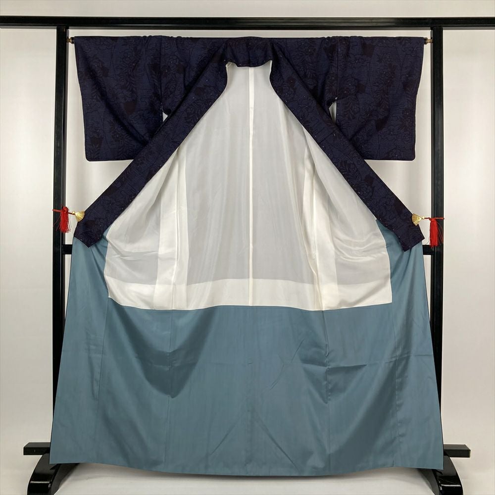 中古）紬 紺 カジュアル 亀甲 立涌 花 雲 袷 M【身丈】162.5cm【裄丈