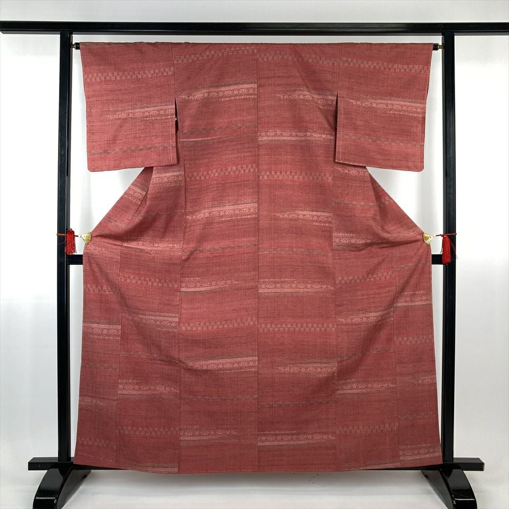 こたにっこ　　紬  赤煉瓦色地の銘仙の３点セット(Lサイズ裄65cm) 袷】赤煉瓦色に格子柄紬と西陣渡文製藍地花唐草文なごや帯 #着物