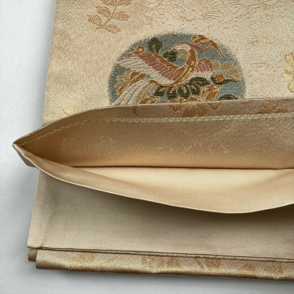 袋帯 正絹 金色ｘ黒色ｘ多色 丸文に花鳥蝶々 ゴールド系 六通柄 金糸 フォーマル 礼装 長さ432cm【中古】 【キモノオフ野々市若松店】 袋帯 正絹 金色x黒色x多色 丸文に花鳥蝶々 ゴールド系 六通柄 金糸