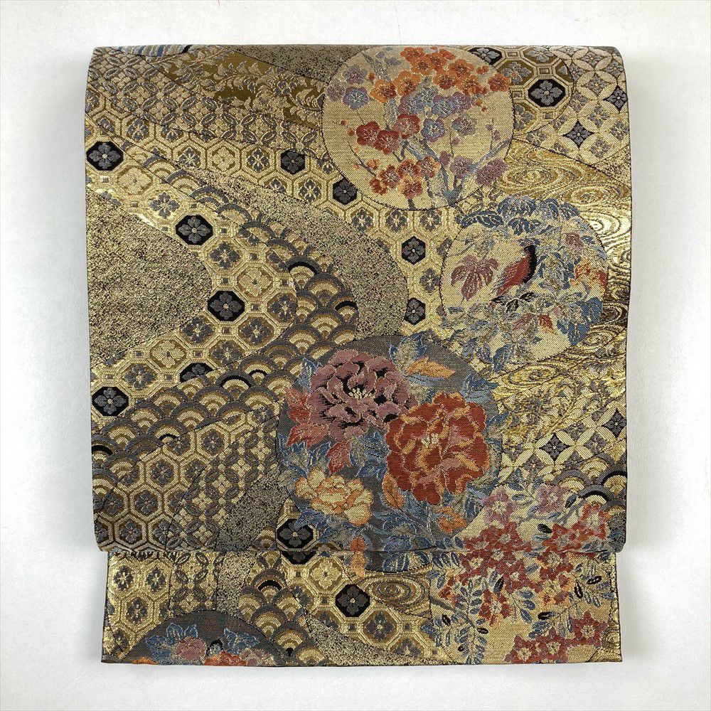 中古）袋帯 金 フォーマル セミフォーマル 六通 切箔 金糸 丸文 流水