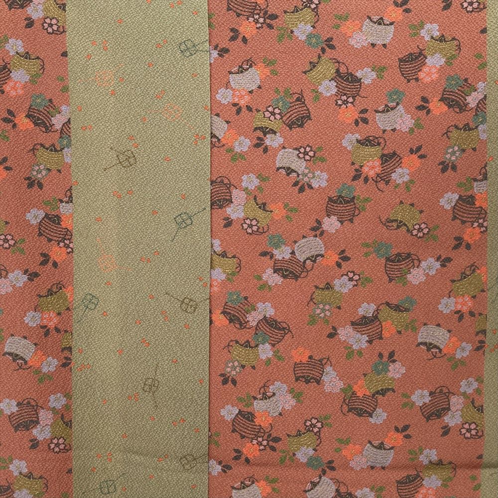 中古）小紋 薄赤茶 ポリエステル 洗える ちりめん調 糸巻 桜 袷 S