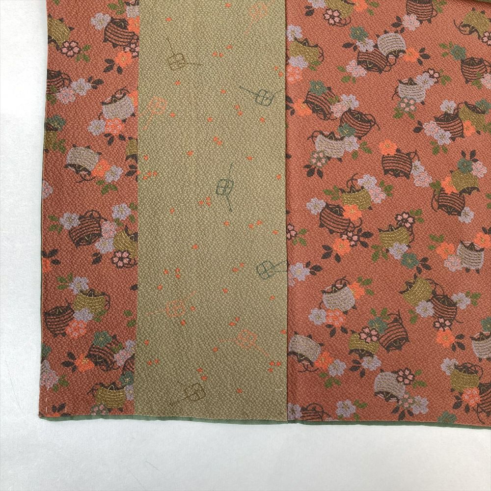 中古）小紋 薄赤茶 ポリエステル 洗える ちりめん調 糸巻 桜 袷 S