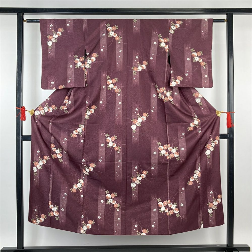 中古）小紋 紫 ポリエステル 洗える 菊 桜 絣 袷 SS【身丈】146.5cm