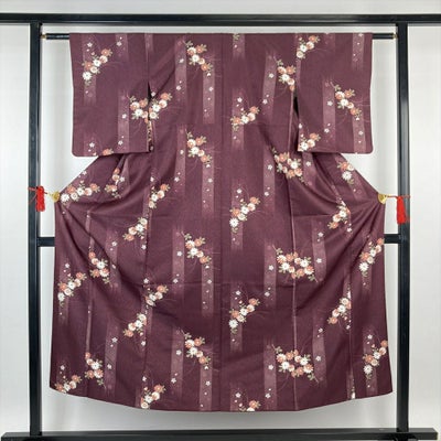 中古）小紋 紫 ポリエステル 洗える 菊 桜 絣 袷 SS【身丈】146.5cm 