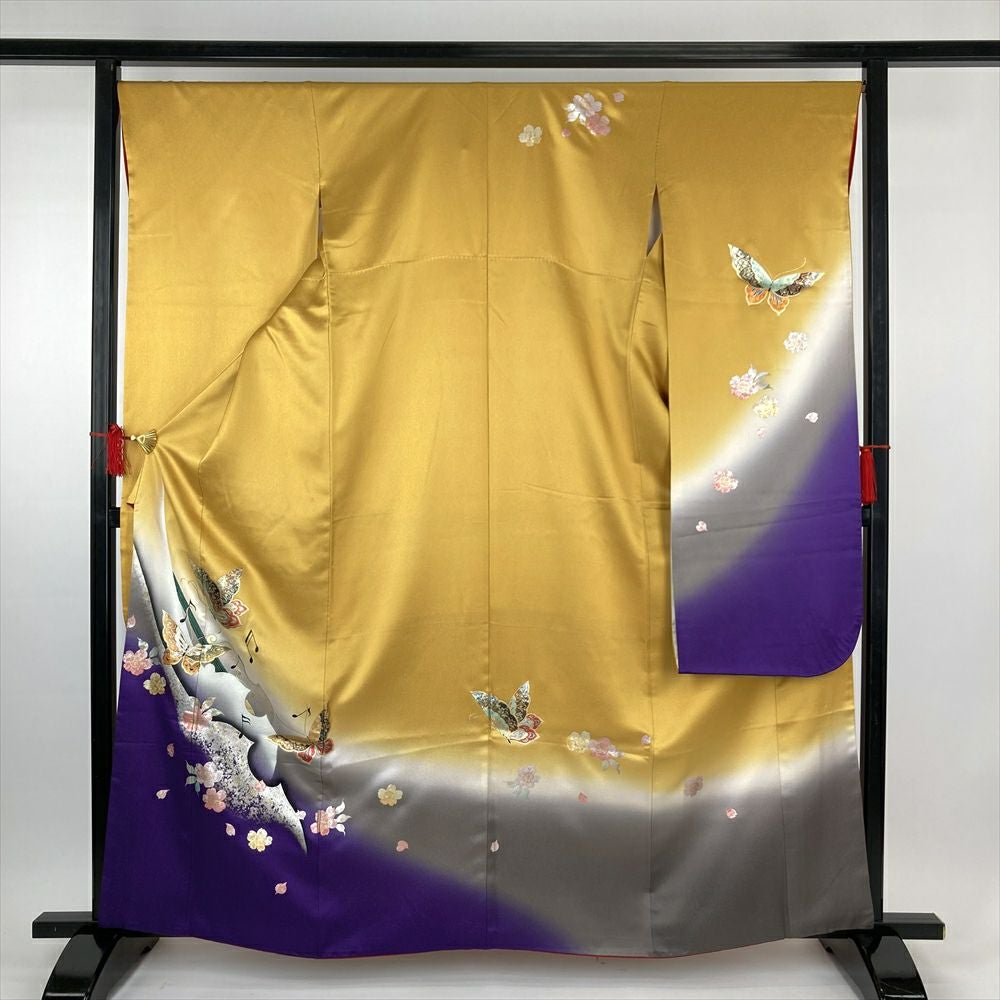 中古）振袖 青 フォーマル 金彩 金駒刺繍 竹 笹 疋田 宝尽くし 袷 M