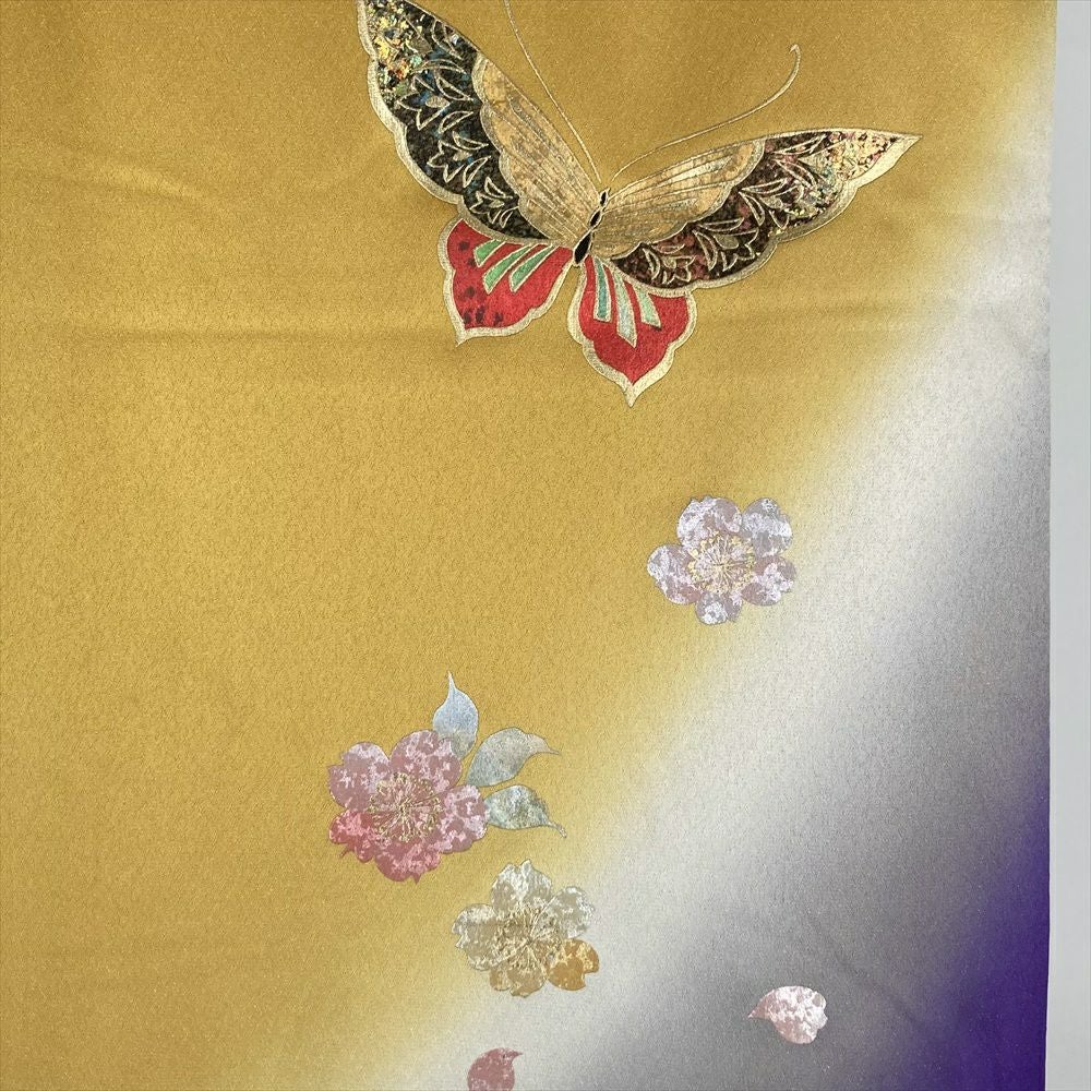 中古）振袖 黄色 紫 フォーマル 金通し ぼかし染め 金彩 銀彩 袷 SS