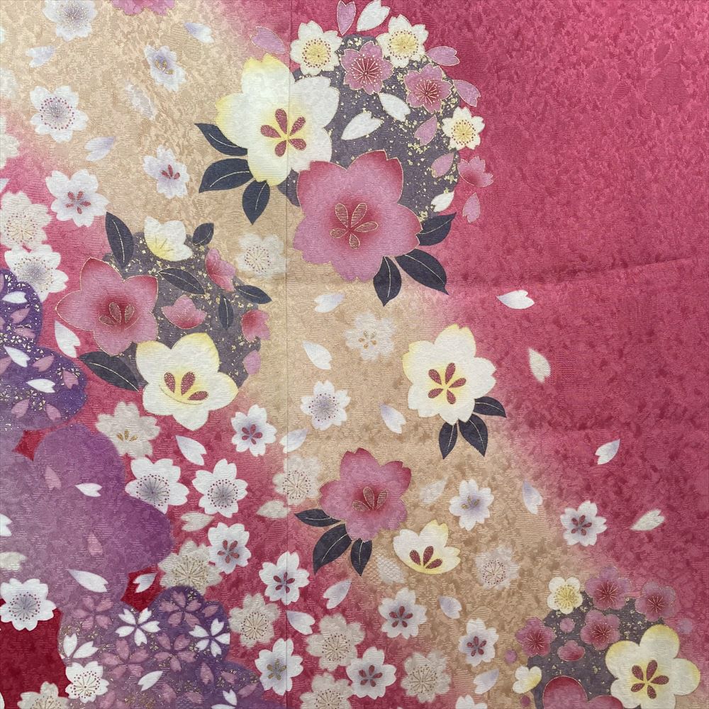 中古）振袖 ピンク フォーマル 地紋織り ぼかし染め 金彩 桜 梅 袷 M