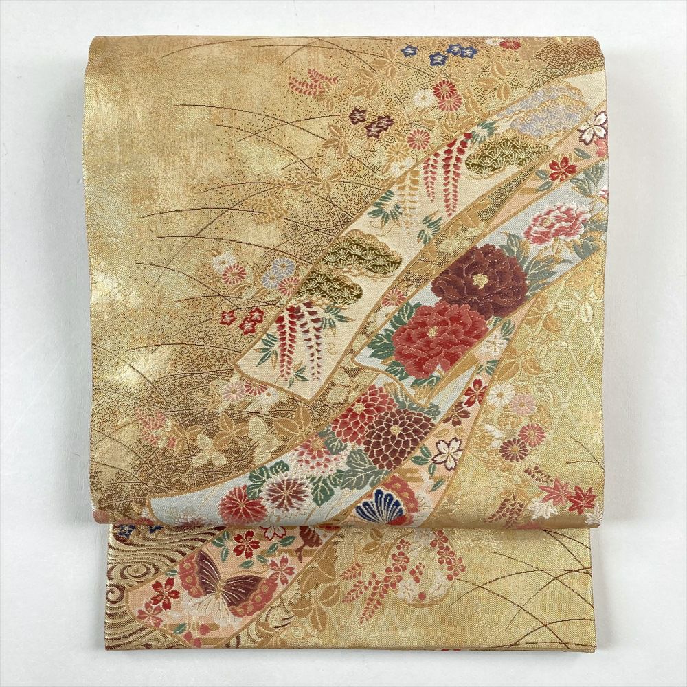 a2504-19 袋帯 美品 正絹 着物 辻ヶ花 六通 美品】 訪問着 身丈164.5cm 裄丈69.5cm L 袷 袋帯セット 辻が花柄 銀