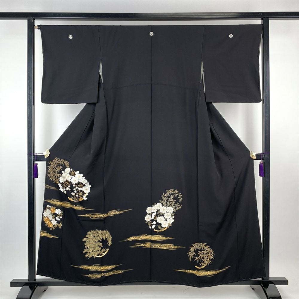 振袖フルセット6点サイズM〜Ｌ駒刺繍　扇面花文　暈し染め　金銀彩　金銀糸　正絹 決算セール】仕立て付き 正絹 振袖 フルセット32点 f-017 黒 ブラック
