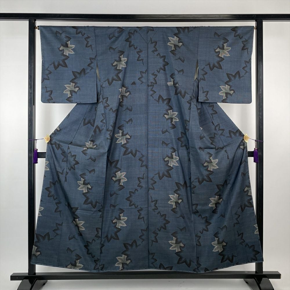 大島紬 着物 中古 正絹 袷 カジュアル 麻の葉模様 青系色 身丈164cm 裄64cm L きもの北條 A934-5 kimono-hojo_a828-4