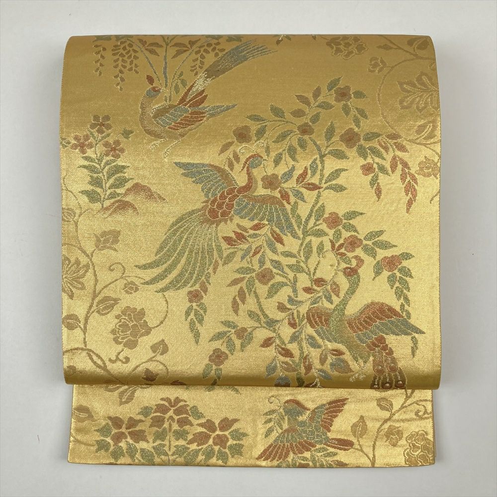 袋帯 正絹 金色ｘ多色 亀甲に花鳥文 金糸 六通柄 礼装 フォーマル 長さ435cm【中古】 【キモノオフ野々市若松店】 袋帯 美品 秀品 蜀江文 花鳥 金糸 箔 青灰色 六通 正絹 中古 在庫一掃