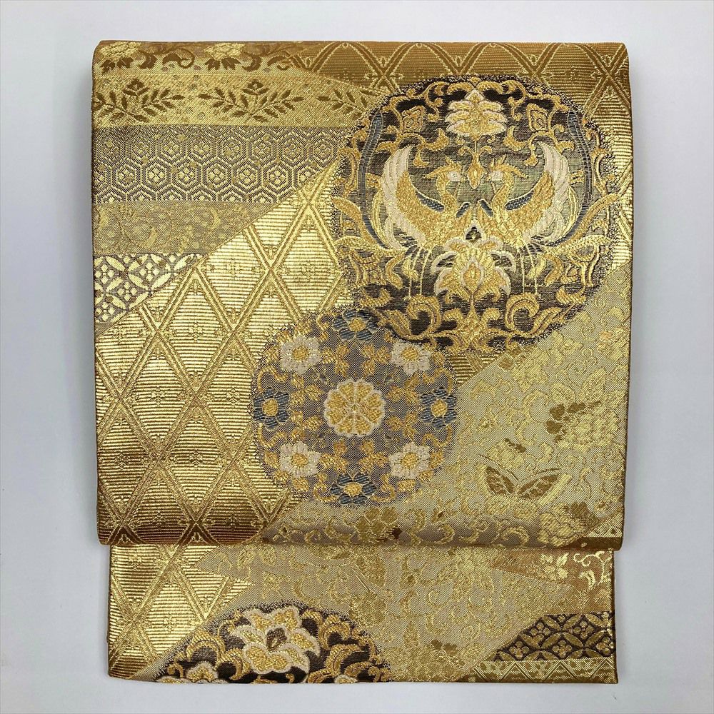 中古）袋帯 金 フォーマル セミフォーマル 六通 切り嵌め 蔓花 華文