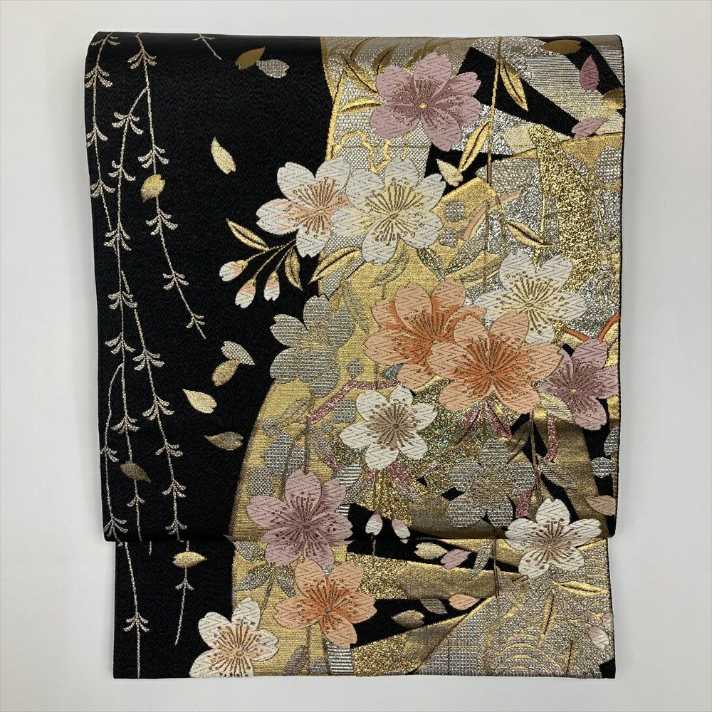 中古）袋帯 黒 フォーマル セミフォーマル 六通 切箔 金糸 銀糸 源氏車 桜