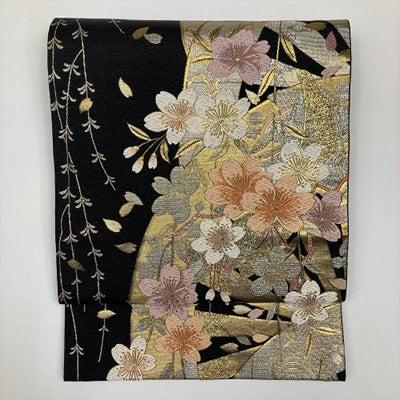 中古）袋帯 黒 フォーマル セミフォーマル 六通 切箔 金糸 銀糸 源氏車 桜