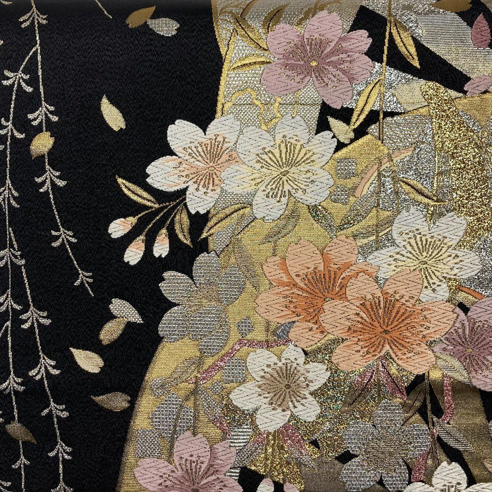 中古）袋帯 黒 フォーマル セミフォーマル 六通 切箔 金糸 銀糸 源氏車 桜