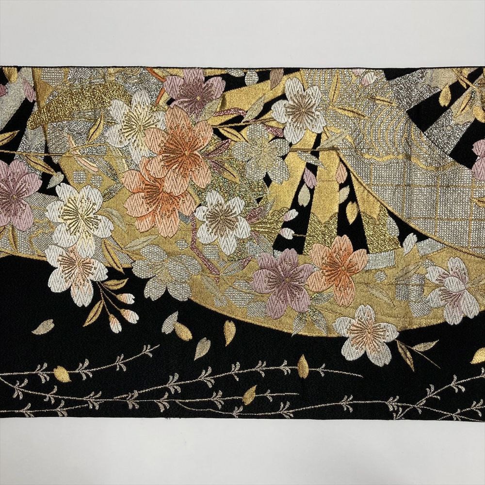 中古）袋帯 黒 フォーマル セミフォーマル 六通 切箔 金糸 銀糸 源氏車 桜