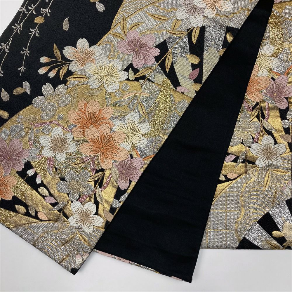 中古）袋帯 黒 フォーマル セミフォーマル 六通 切箔 金糸 銀糸 源氏車 桜