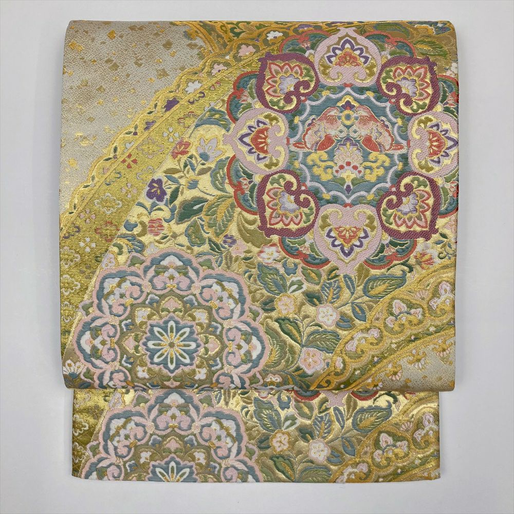 美品 袋帯 辻が花 シルバー 金糸 銀糸 長さ4m23cm 六通柄 金通し 辻が花 纐纈 袋帯 正絹 銀糸 金糸 黒 白 ゴールド 紫 641