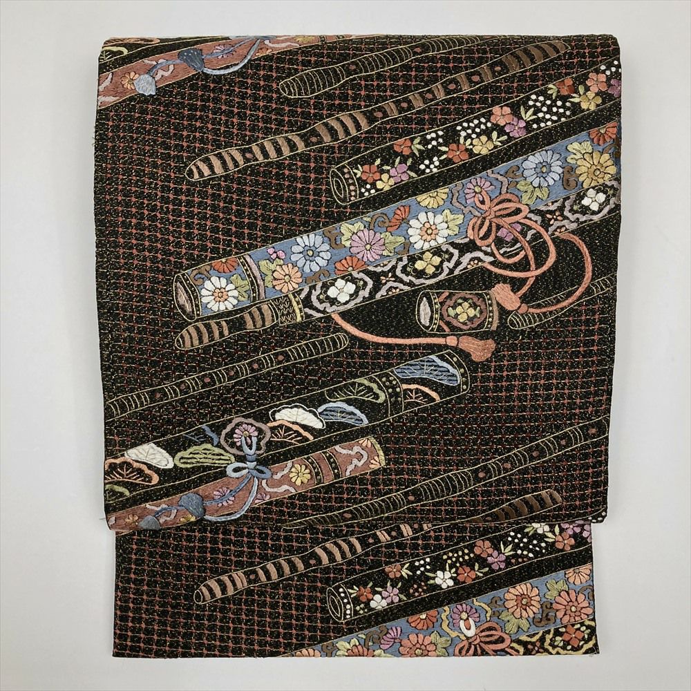 中古）袋帯 黒 セミフォーマル カジュアル 六通 汕頭刺繍 篠笛