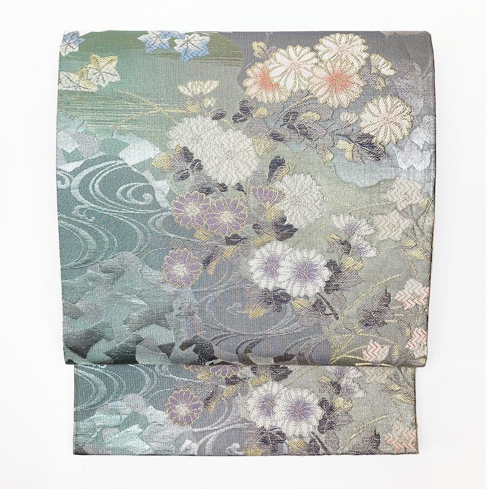 袋帯 正絹 金糸　牡丹文様 黄緑色ｘ金色 六通柄 フォーマル 礼装【中古】 【キモノオフ野々市若松店】 袋帯 正絹 金糸 牡丹文様 黄緑色x金色 六通柄 フォーマル 礼装【中古