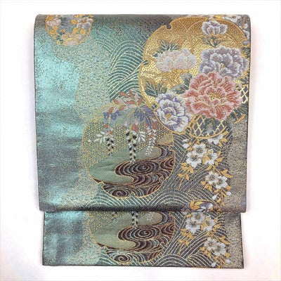 中古）袋帯 紺 フォーマル 六通柄 流水 桜