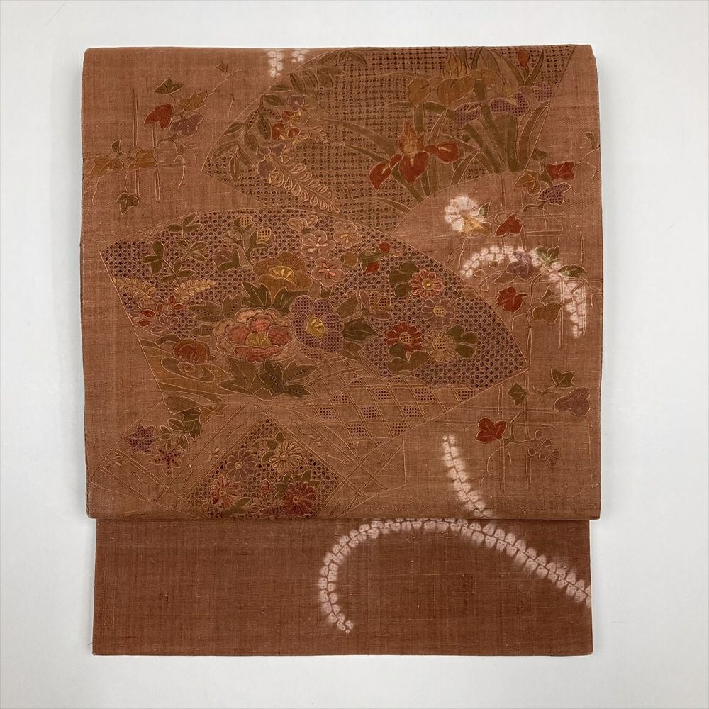 中古）袋帯 赤茶 刺繍 絞り カジュアル 六通 扇面 四季花