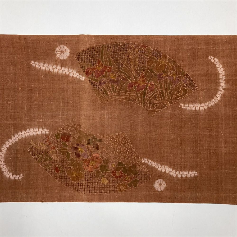 中古）袋帯 赤茶 刺繍 絞り カジュアル 六通 扇面 四季花