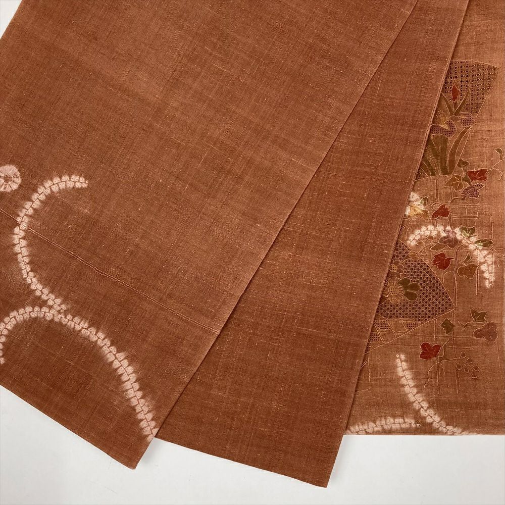 中古）袋帯 赤茶 刺繍 絞り カジュアル 六通 扇面 四季花
