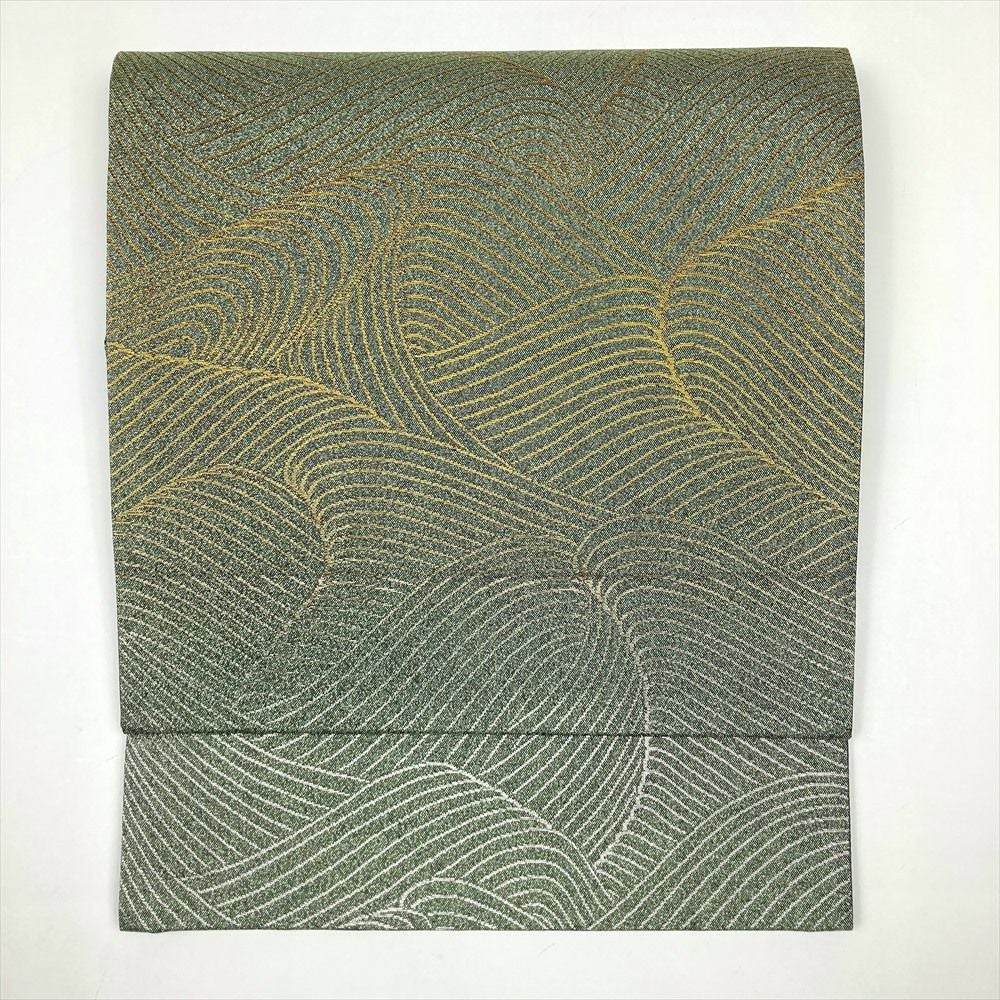 袋帯 染め帯 京友禅 全通 ベージュ 濃グレー 花唐草 格子 中古 kp2245 5bf0284df63d1601abed6feb877035
