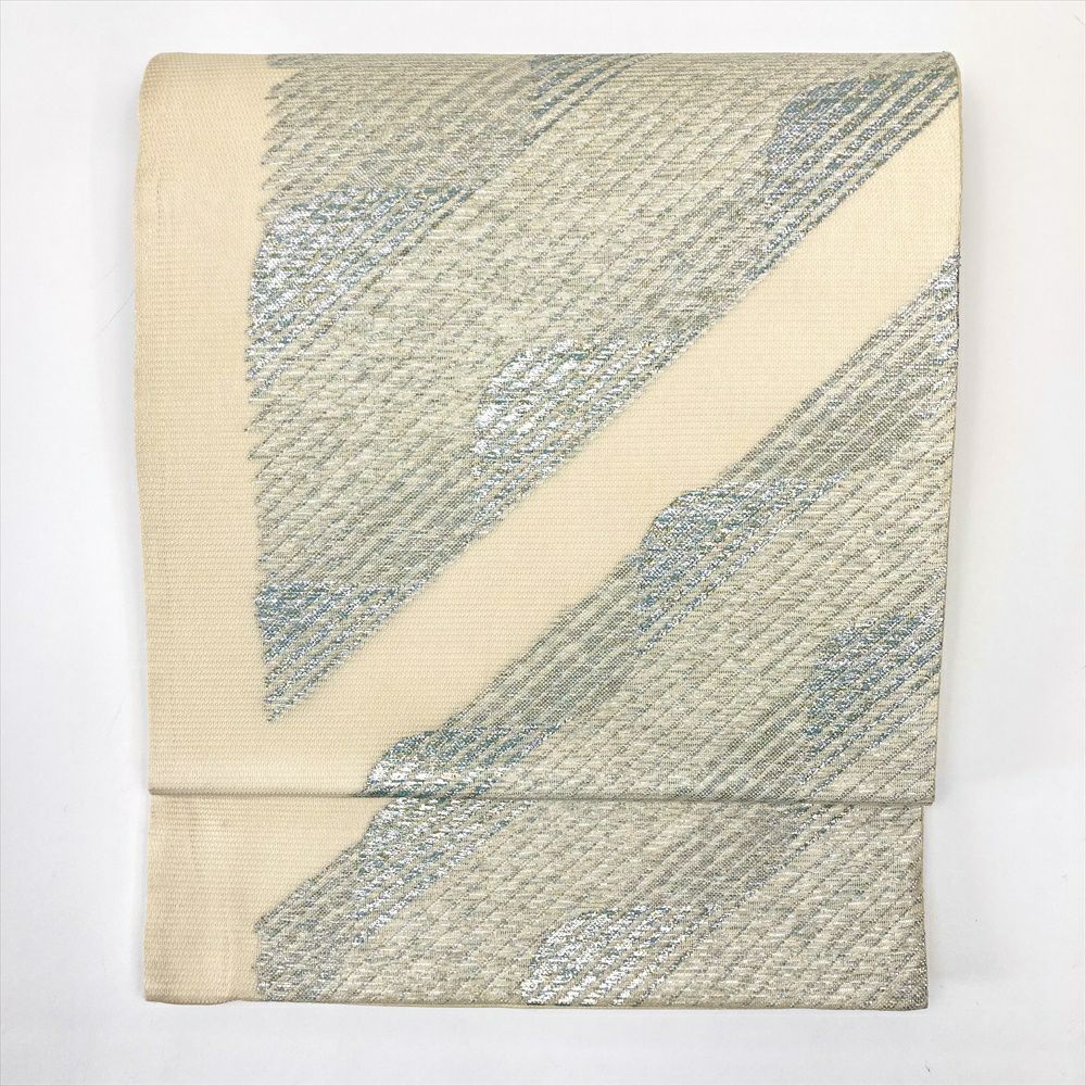 夏帯 袋帯 六通 絽 銀糸 紅葉 露草 中古）夏袋帯 生成り 絽 銀糸 カジュアル 六通 斜め取り 抽象柄