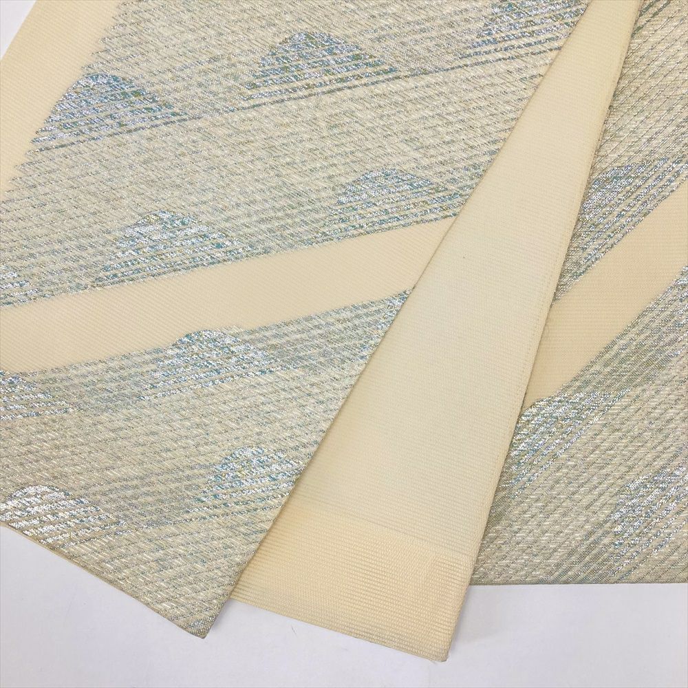 中古）夏袋帯 生成り 絽 銀糸 カジュアル 六通 斜め取り 抽象柄