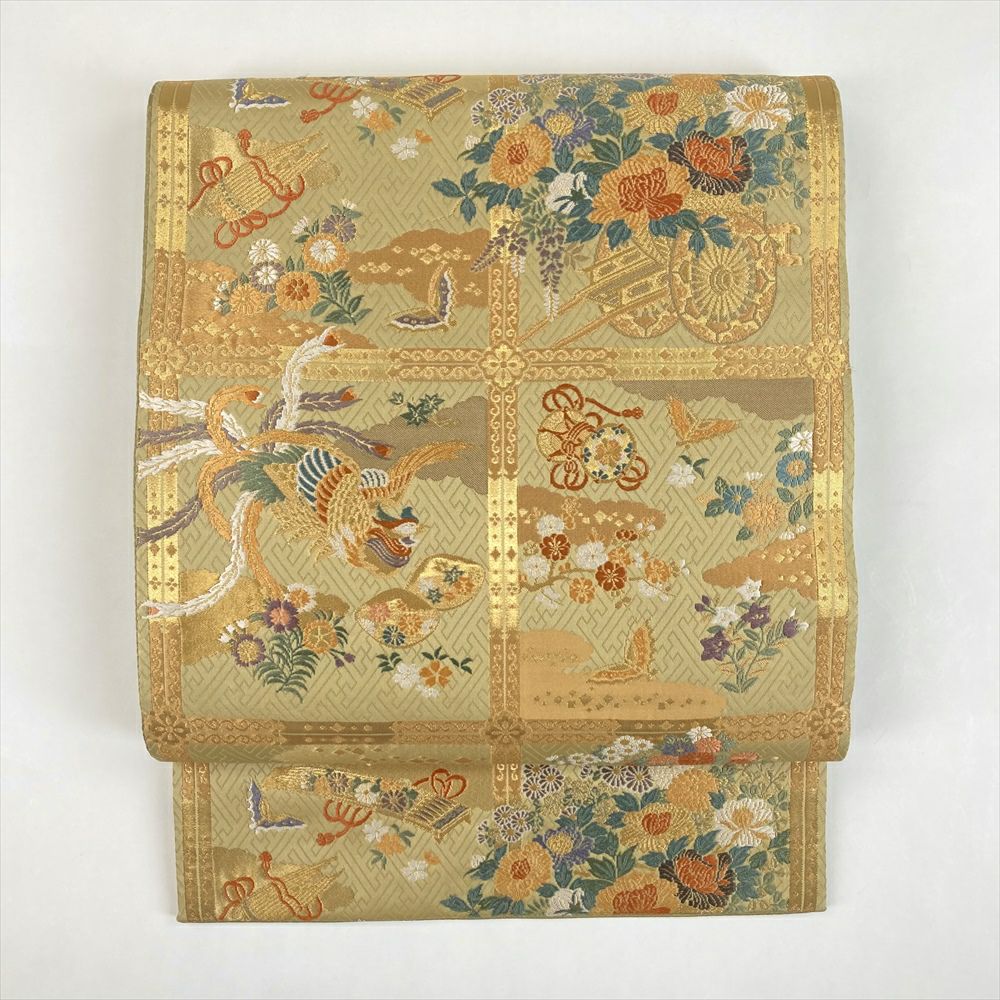 中古）袋帯 マルチカラー 金 フォーマル 六通 切箔 鳳凰 笹 桐
