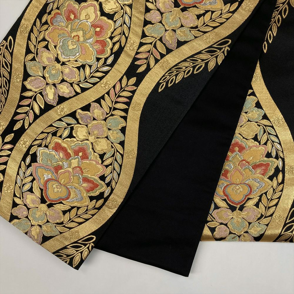 ［6802］袋帯 美品 花丸熨斗目 金銀糸 六通 正絹 着物 フォーマル 黒 袋帯 螺鈿箔 正絹 絹 金糸 銀糸 黒地 黒 花唐草 横段 花菱 網代文