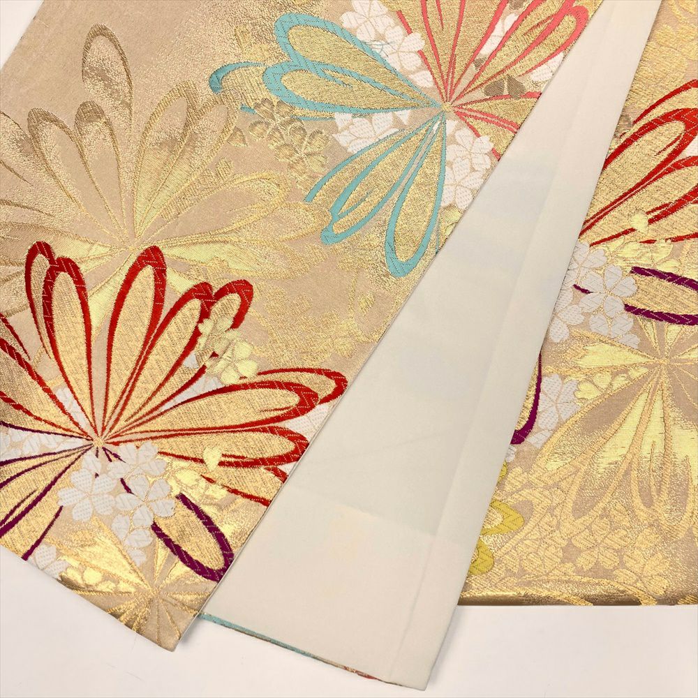 中古）振袖用袋帯 金 フォーマル 六通 金糸 菊 桜