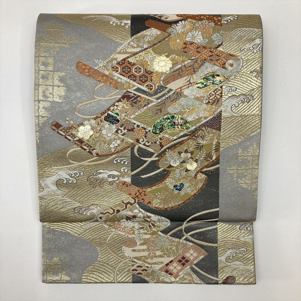 中古）袋帯 黒 フォーマル セミフォーマル 六通 金糸 銀糸 辻が花