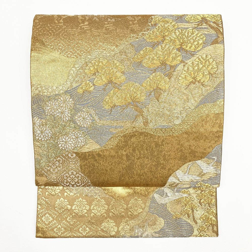 中古）袋帯 薄緑 セミフォーマル 六通 汕頭刺繍 金彩 銀彩 天平 華文 絹