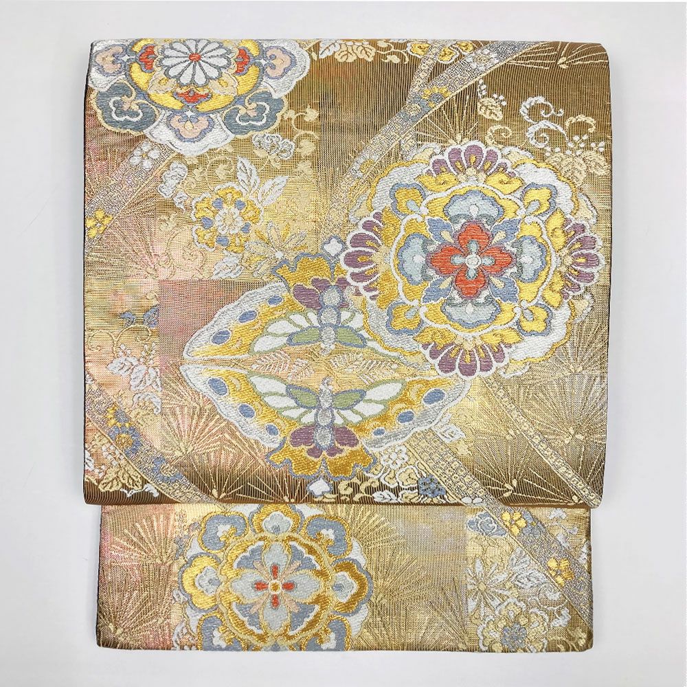 中古）袋帯 金 フォーマル 六通 金糸 市松地 宝華文 向い蝶文 松 蔓花