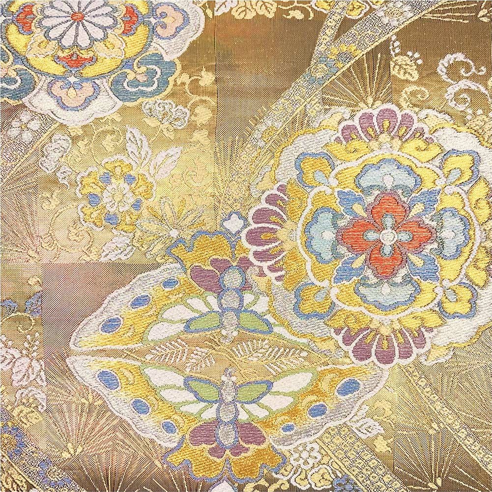 中古）袋帯 金 フォーマル 六通 金糸 市松地 宝華文 向い蝶文 松 蔓花