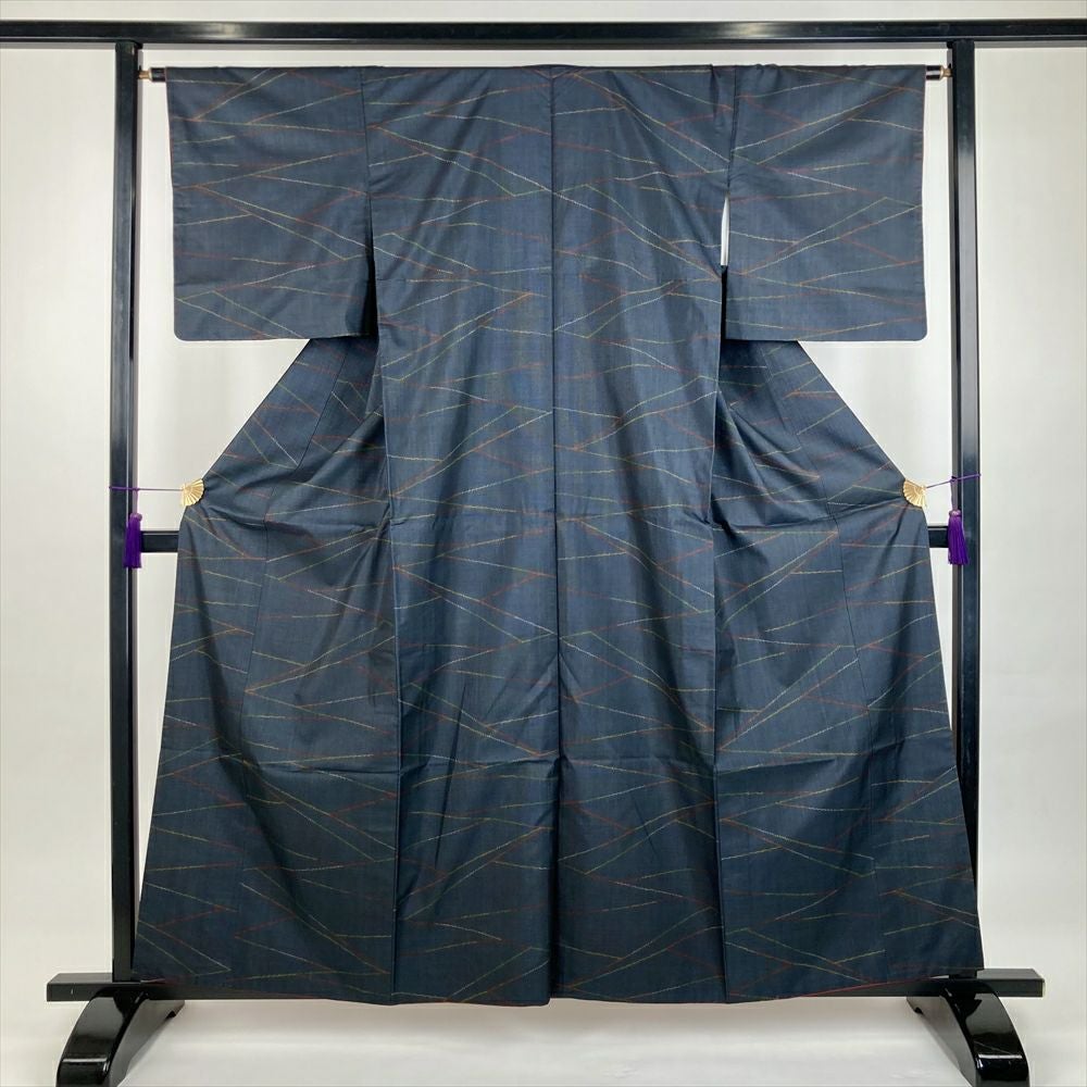 中古）紬 灰青 カジュアル 織り 幾何学 袷 S【身丈】156cm【裄丈】64cm