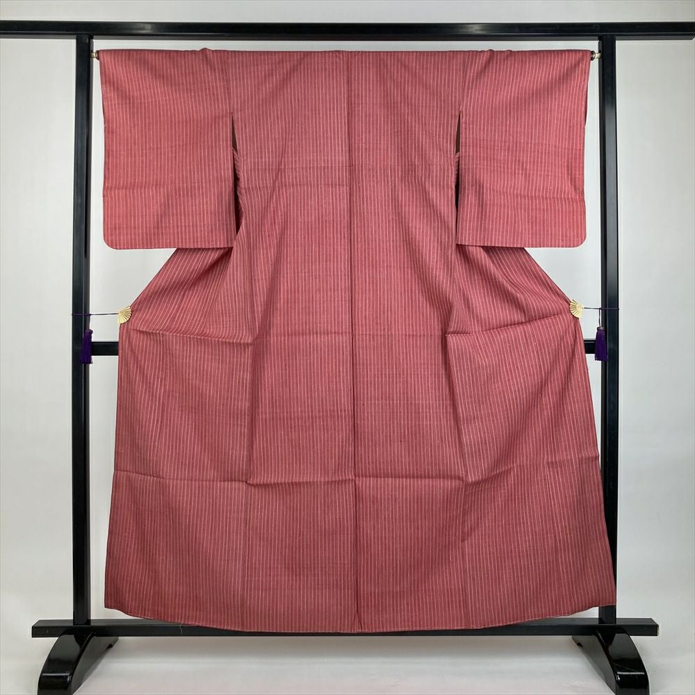 中古） 単衣紬 白 赤 カジュアル 織り 椿 ひとえ S【身丈】156cm【裄丈