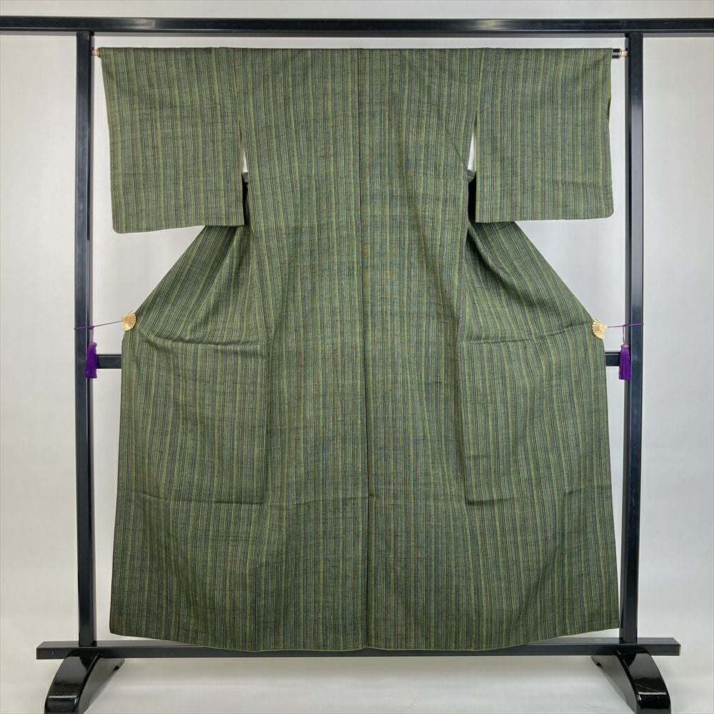 中古）紬 カジュアル 青 袷 切りばめ 唐花 唐草 未洗い S【身丈】157cm