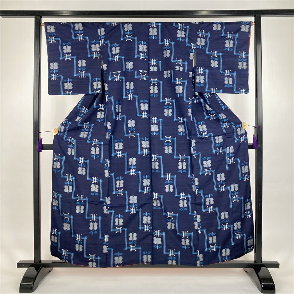 中古）紬 紺 カジュアル 織り 違い段 遠州椿 袷 SS【身丈】154.5cm【裄