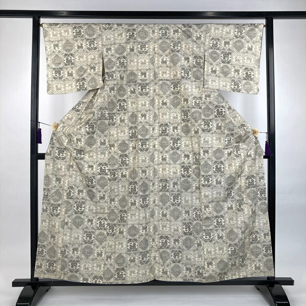 中古）紬 薄黄 カジュアル 織り 格子に有栖川文 袷 SS【身丈】154.5cm