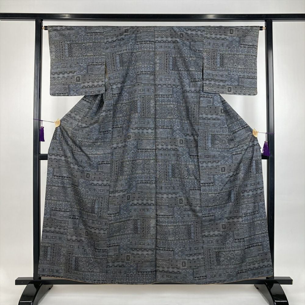 中古）紬 灰青 カジュアル 織り 幾何学 袷 S【身丈】156cm【裄丈】64cm