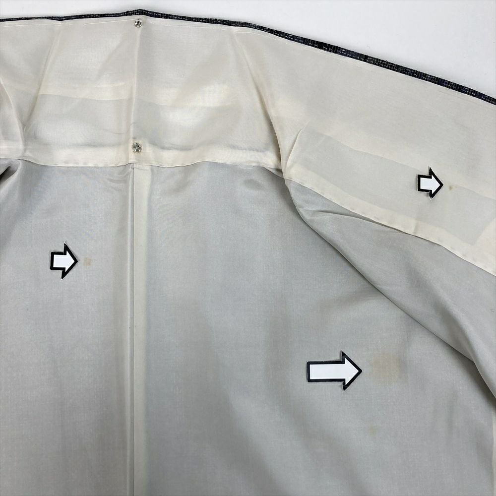 中古）紬 灰青 カジュアル 織り 幾何学 袷 S【身丈】156cm【裄丈】64cm