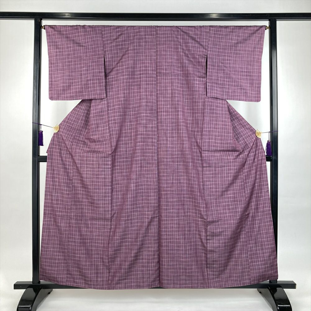 中古） 単衣紬 白 赤 カジュアル 織り 椿 ひとえ S【身丈】156cm【裄丈