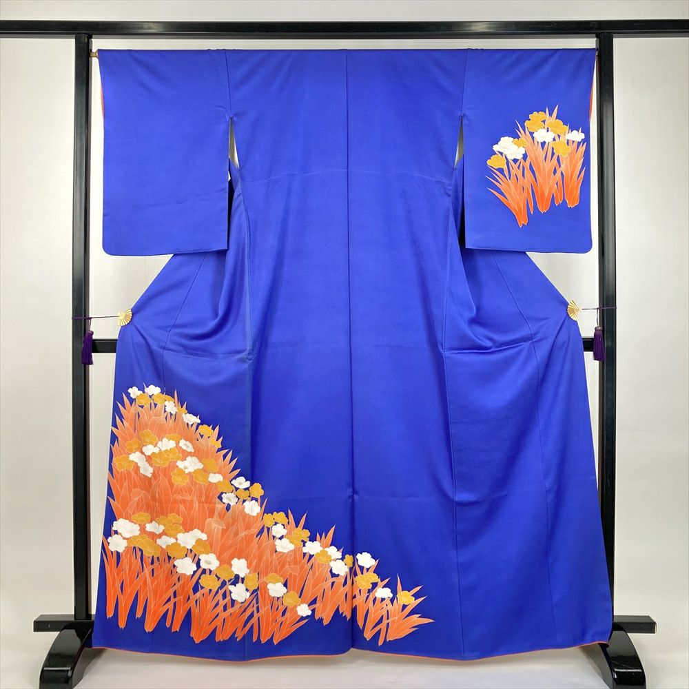 中古）訪問着 灰青 グレー セミフォーマル 染め 牡丹 千両 袷 S【身丈