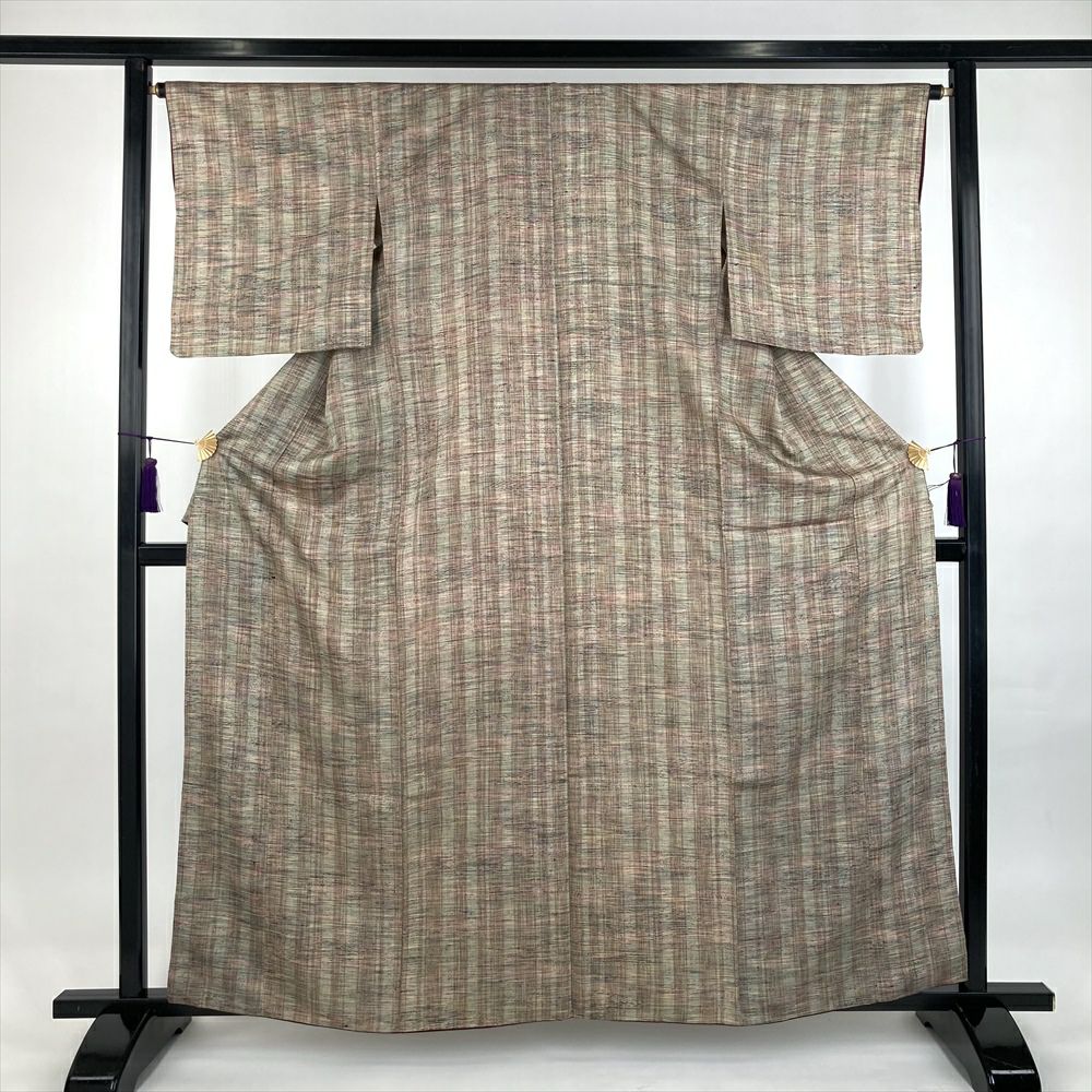 紬 身丈154cm 裄丈62cm 正絹 名品 【中古】 中古） 単衣紬 濃グレー カジュアル 織り 遠州椿 ひとえ SS【身丈